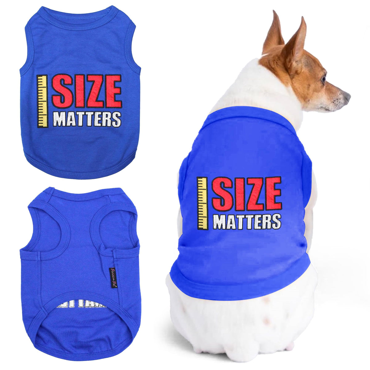 Parisian Pet Dog Tshirt - Embroidered “ Size Matters “ Dog Shirt - Pure Cotton and Lightweight Dog Clothes - Sleeveless Dog Tee Shirts - Machine Washable Dog Shirts for Small Dogs - XS