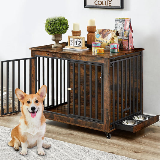 Rovibek Large Dog Crate Dog Crate Furniture for Large Dog 38.58 Inch Large Dog Kennel Indoor with 2 Removable Dog Bowls Flip-Up Top Opening and Wheels Medium Dog Crate Rustic Brown