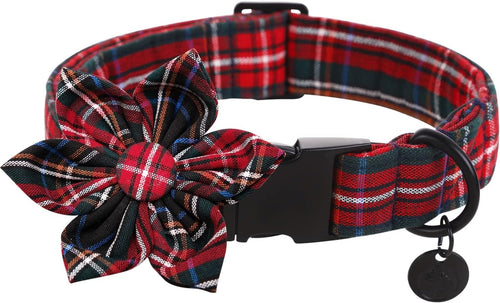 Dog Collar with Flower Christmas Red Plaid Dog Collar Cute Red Checked Dog Collar Adjustable Dog Collar for Small Medium Large Dog