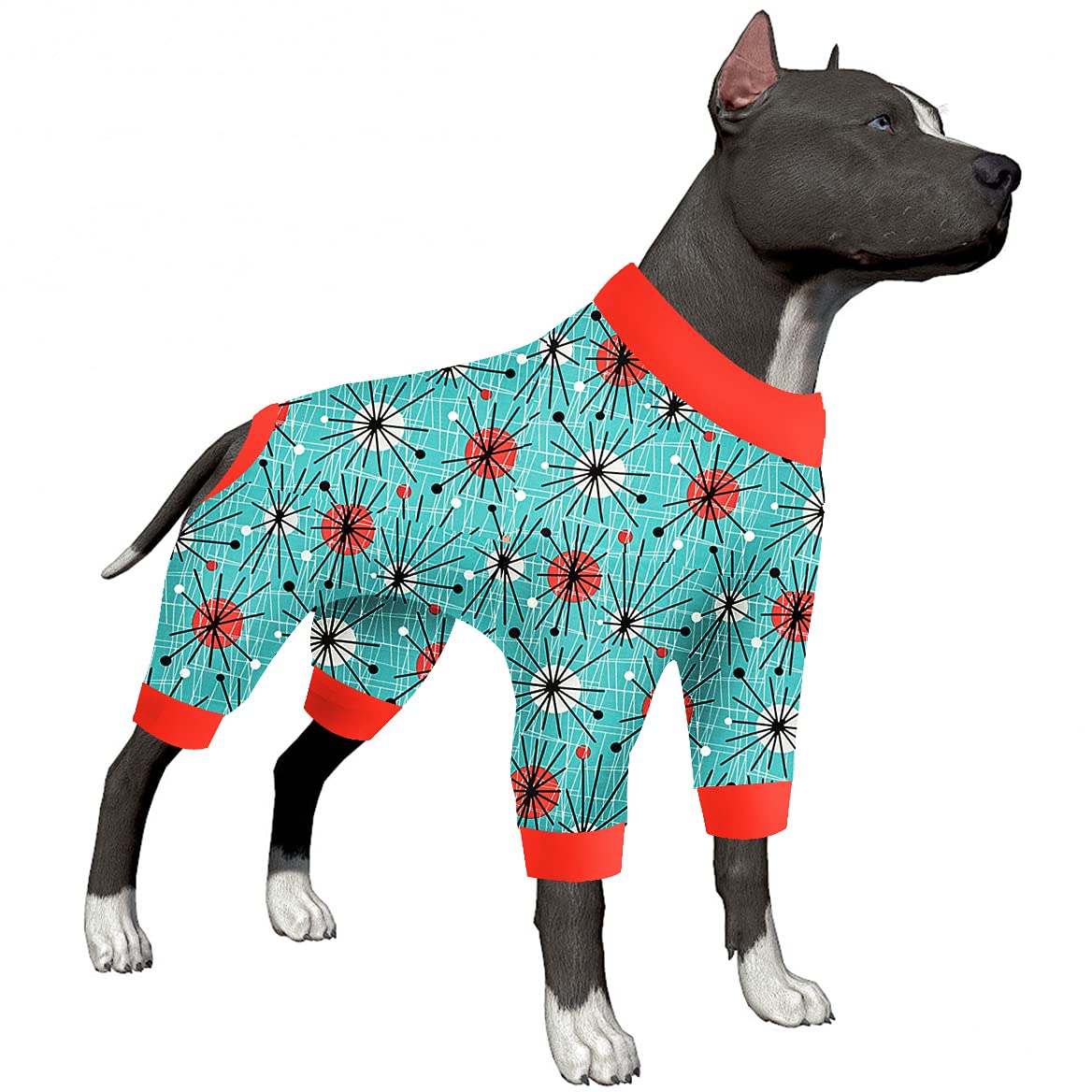 LovinPet Large Dog Onesies - Anti Licking & Anxiety Calming Dog Shirt Lightweight Stretchy Fabric Atomic Turquoise Print Large Dog Pjs Pitbull Clothes Dog Costume Dog Party OutiftRed L