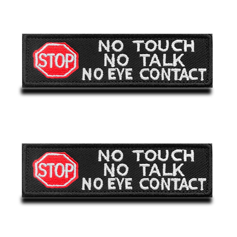 2 Packs Service Dog No Touch No Talk No Eye Contact Stop Warning Safe Dog Vests/Harnesses Patch Hook & Loop Embroidered Dog Badge Emblem for Service Dog Working Dog Guide Dog Animals